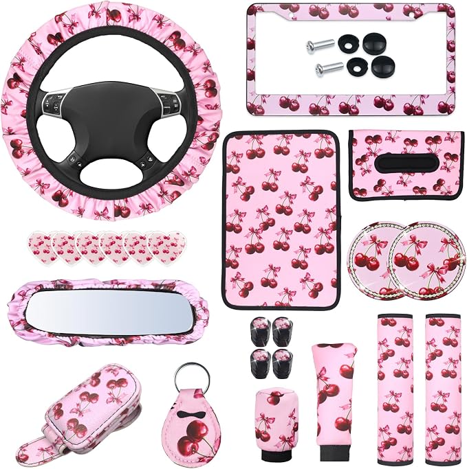 23 Pcs Leopard Print Car Accessories,Including License Plate Frame,Rearview Mirror Decoration,Etc,Suitable for Sedan,SUV and Other,Cute Car Interior Set for Women (Pink Cherry)
