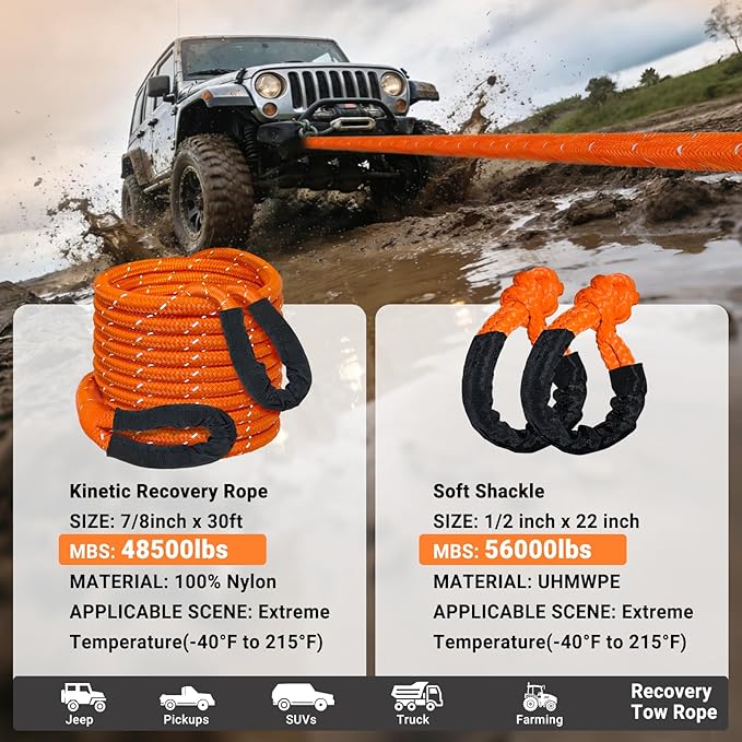 Kinetic Recovery Tow Rope 7/8" x 30ft Tow Strap 48500lbs Snatch Strap with 2Pcs Soft Shackles 56000lbs Break Strength Heavy Duty Kinetic Towing Rope for Truck ATV UTV Offroad Recovery Rope Kit
