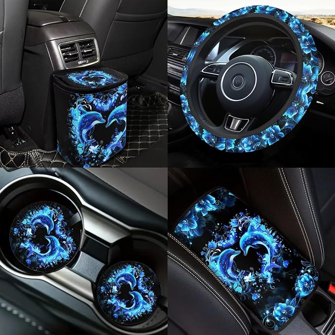Neon Dolphin Car Seat Covers Full Sets of 18 Pack Blue Dolphin Car Interior Accessories Set with Soft Car Seat Belt Pads Cover Car Headrest Covers Steering Wheel Car Covers Coasters Washable