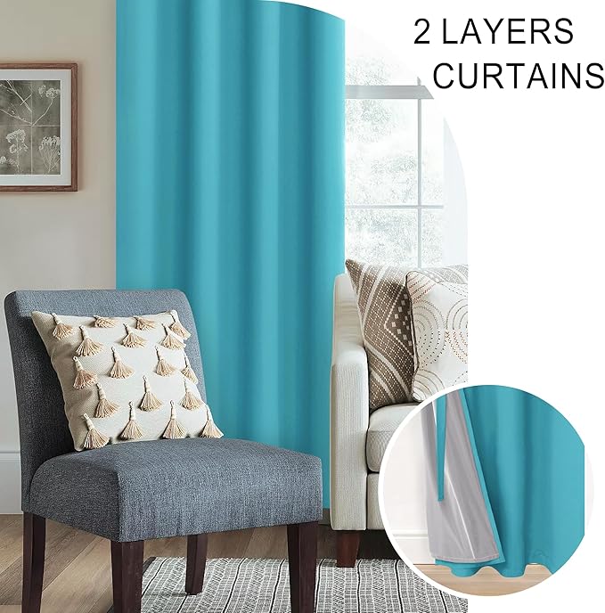 XWZO 100% Blackout Curtain Panels - Extra Long Thermal Insulated Black Liner Curtains, Noise Reducing and Heat Blocking Drapes for Bedroom with Tiebacks, Turquoise, W52 x L108, Set of 2