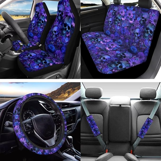 Lotusorchid Skull Print Car Seat Covers Set for Women Girls, Daisy Printed Car Seat Covers Full Set with Gear Lever Cover and Hand Brake Cover Steering Wheel Protector Vehicle Seat Belt Pad