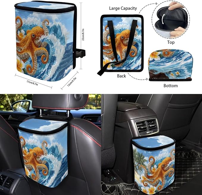 Forchrinse 15Pcs Car Seat Cover Hawaiian Octopus Front Back Seat Protector with Steering Wheel Cover+Seatbelt Pads+Coaster+Handbrake Gearshift Cover+Auto Trash Can for Most Vehicles