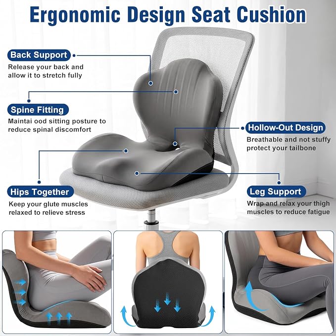 Car Seat Cushion with Lumbar Support Pillow, Memory Foam Office Chair Cushion for Back Pain Sciatica Pain Relief, Ergonomic L-Shaped Seat Cushion for Car Truck Driving Office Chair Home (Gray)