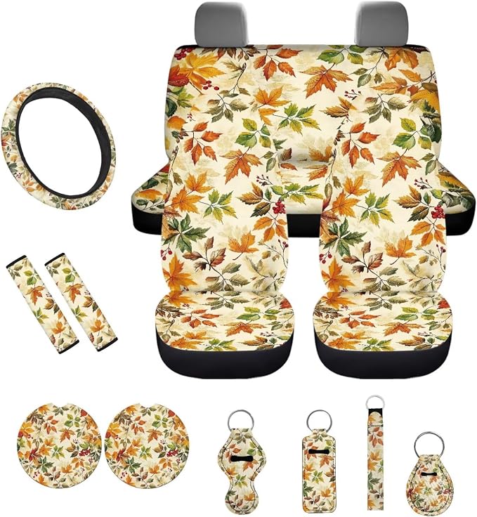 Maple Leaf Car Accessories Car Seat Covers Full Set with Steering Wheel Covers+Seat Belt Pads+Coasters+Keychain+Lipstick Holder Universal Fit 13 Pack Fall Car Decor