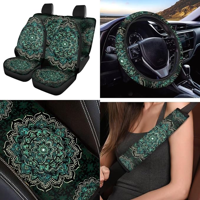 Green Mandala 12 Pack Car Seat Covers Full Set Steering Wheel Cover Seat Belt Cover Keychain Holder Armrest Cushion Protector Universal Fit Most Vehicles Cars SUV
