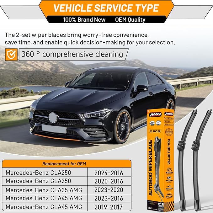 AUTOBOO 24"+19" Windshield Wipers Replacement for Mercedes-Benz CLA250 GLA250 CLA45 GLA45 AMG 2024 2023 2022 2021 2020 2019 2018 2017 2016 -Original Factory Quality (Pack of 2)
