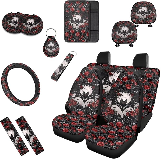 Bat Rose Floral Print 13 Pack Car Accessories for Womens Halloween Bats Pattern Seatbelt Pad Armrest Cushion Keychain Cup Holder Coaster Pads Decor Accessory