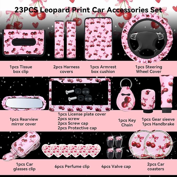 23 Pcs Leopard Print Car Accessories,Including License Plate Frame,Rearview Mirror Decoration,Etc,Suitable for Sedan,SUV and Other,Cute Car Interior Set for Women (Pink Cherry)