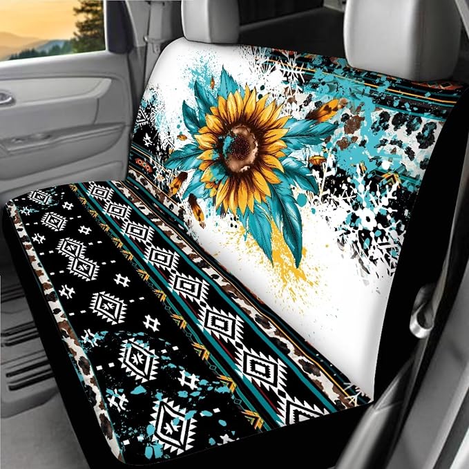 Navajo Sunflower Car Seat Covers Full Sets of 18 Pcs Sunflower Print Car Interior Accessories Sets with Anti Slip Car Seat Belt Pads Cover Leakproof Auto Trash Can Steering Wheel Cover