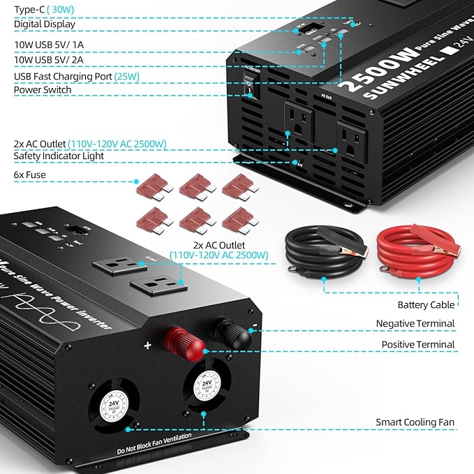 SUNWHEEL 2500W 24V Pure Sine Wave Inverter, 24V DC to 110V/120V AC Power Inverter for RV、Off Grid、Truck、Power Outage with 4 AC outlets and LCD Display
