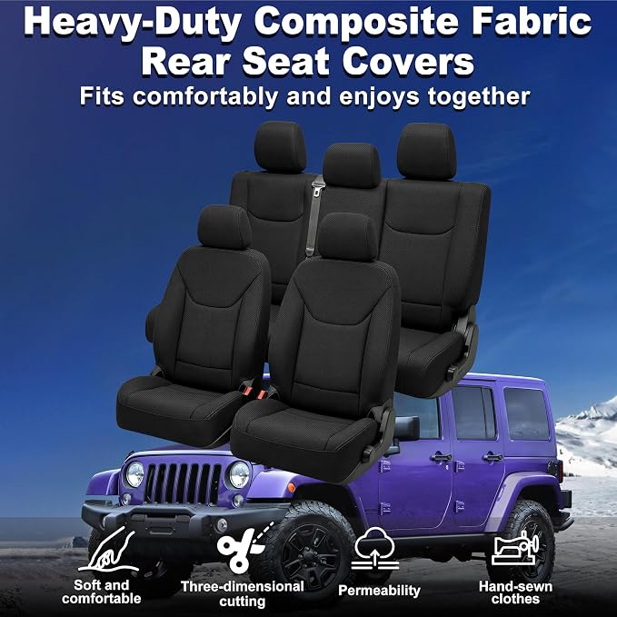 Custom Seat Covers for Wrangler JK 2013 2014 2015 2016 2017 2018 4 Door Heavy Duty Cloth Protector Interior Accessories，Waterproof & Machine Washable, Foam Padded - Black（Front & Rear）