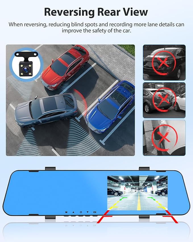 4.5" IPS Touch Screen Rear View Mirror Camera Dash Cam DVR Monitor Dual Camera Video Recording System 1080P/Loop Recording/G-Sensor/150° Wide Angel/Night Vision/Parking Assistance/64G Card