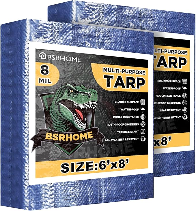 Tarps Waterproof 6x8 Feet, 2 Pack Heavy Duty Blue Tarp Cover 8 Mil Thick, Resistant Plastic Tarpaulin with Metal Grommets, Outdoor Tent Cover for Emergency Rain