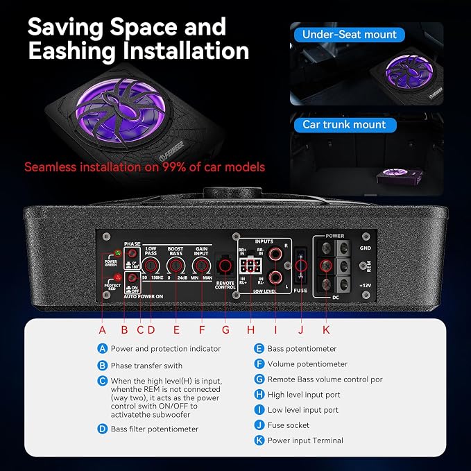 Feikeer 10"1200W UnderSeat Subwoofer, Powered Subwoofer Car Audio with Multicolor LED Lighting, Deep Bass Enhancement.Under Seat Subwoofers with Amp for a Dynamic Driving Experience with Bass Melodies