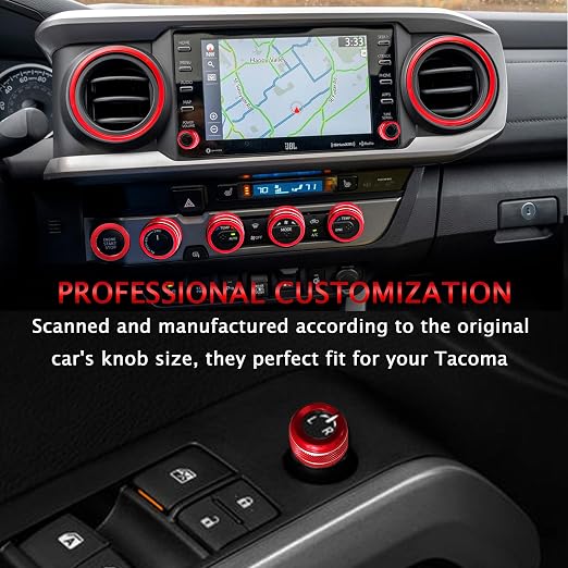 for Toyota Tacoma Accessories 2023 2022 2021 2020 with 8" or 7" Touchscreens Knob Covers - AC Vent Ring Button Knob Covers for Air Conditioner Volume Mirror Push Start Stop Button Trim 12Pcs (Red)