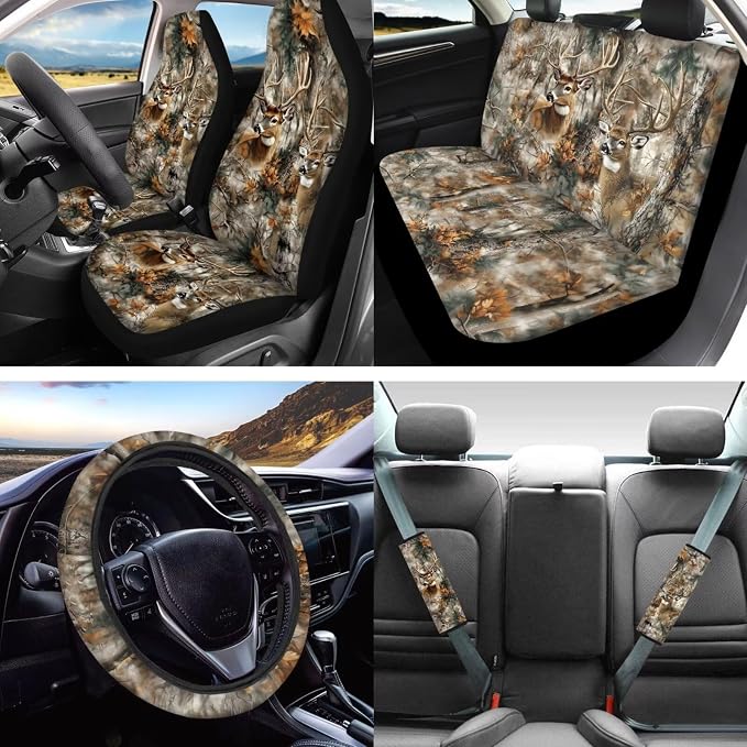 Lotusorchid Car Seat Covers Sets Full Set, Deer Print Front and Rear Split Bench Seat Cover Car Armrest Box Pad Car Headrest Cover Car Coaster, Washable Auto Accessories Full Set, Brown
