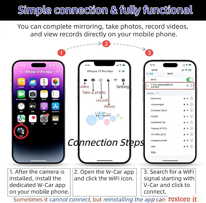 Wireless Backup Camera 1080P, 2.4GHz WiFi No Monitor Needed, License Plate Reverse Camera, 170° Wide Angle Night Vision IP68 Waterproof, Front Rear View for iPhone Android, Car SUV Van Pickup