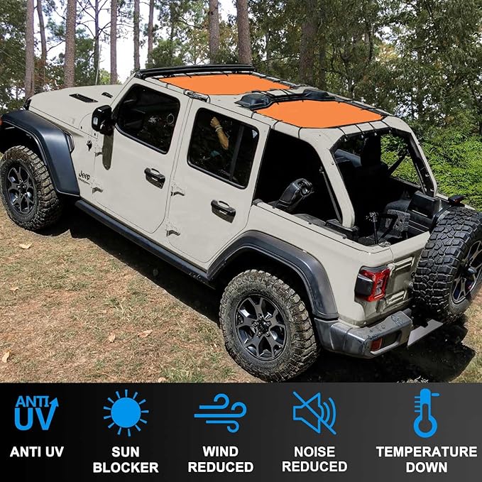 JL Top Sun Shade Roof Compatible with Jeep Wrangler 2 or 4 Door 2018 to 2023 Sunshade Sunroof Blocks UV Wind Noise Orange Mesh for Front and Rear 2 pcs