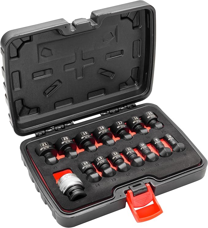 Powerbuilt 15 Piece 1/2-Inch Drive Impact Grade Universal Joint Quick-Change Socket Adapter and Sockets Set, Size: 8mm-21mm, Storage Case - 643032ECE