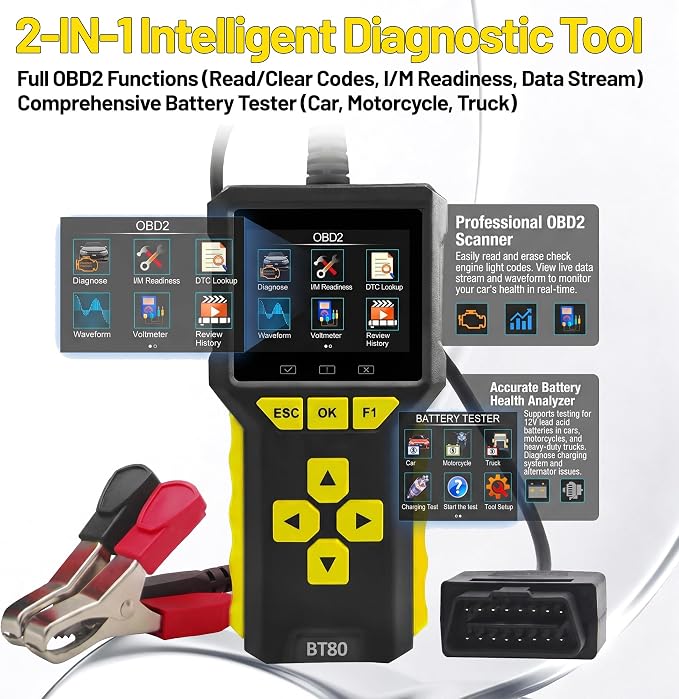Car OBD2 Scanner Battery Tester 2 in 1 Code Reader Full OBDII Diagnosis 12/24V