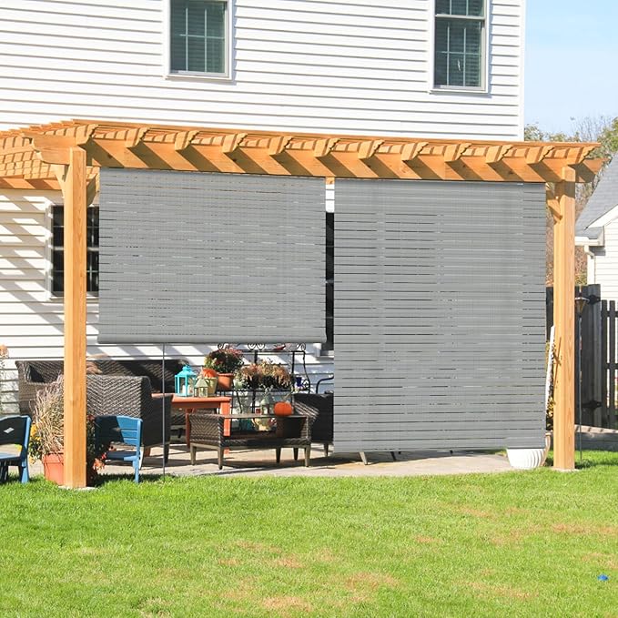 Coarbor Outdoor Roll up Shades Blinds for Pergola Porch Balcony Deck Roller Shade Screen 4'W x 13'L Hollow Out Light Grey