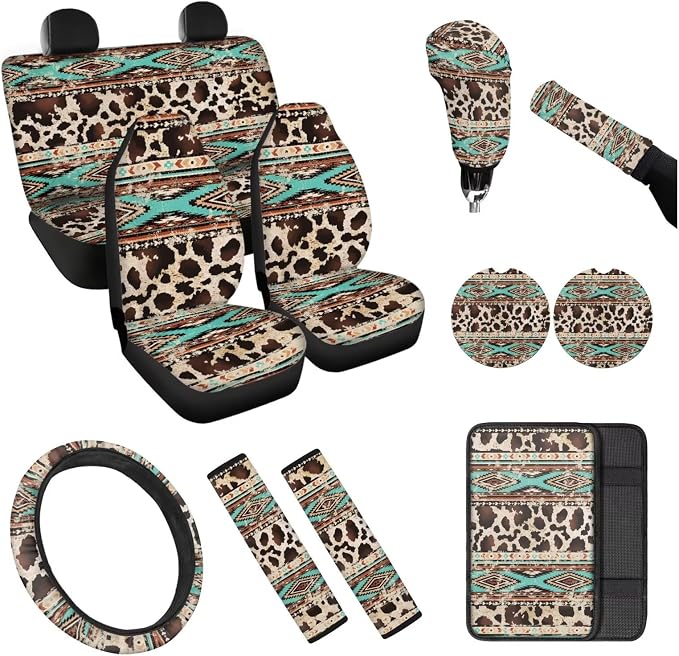 Aztec Cow Print Car Seat Covers Full Set 12 Pack Car Steering Wheel Cover Auto Seat Belt Cover Center Console Cover Cars Coasters Gear Lever Cover for Most Cars, SUVs