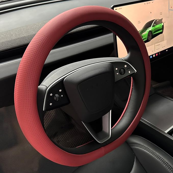 PINCTROT Nappa Leather Steering Wheel Cover for Tesla Model Y/3 Highland/Juniper, D Shaped 14 Inch Small Sized with Breathable Perforation, Fit Like Gloves, Flat Bottom 14 Inch(Nappa Rust Red)