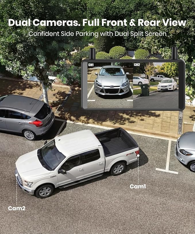 AUTO-VOX 2 Solar Wireless Backup Camera: 6‘’ 16:9 HD Monitor with Dual Antenna Strong Signal, Split Screen View for Balanced Dual Views, DVR Recording Back Up Camera for Car, SUV, Truck, Trailer