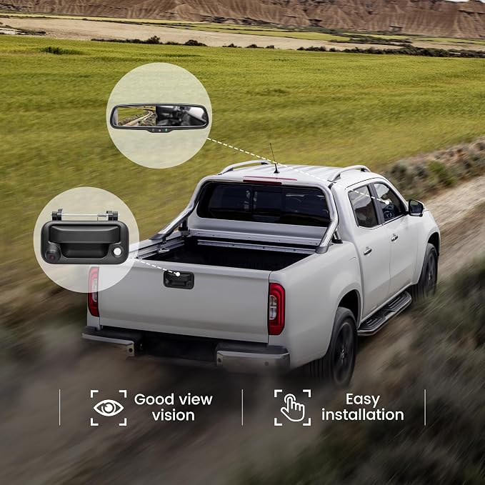 RED WOLF Tailgate Backup Camera + 7" Rear View Mirror Screen Monitor Fit for Ford 2004-2014 F150/ 2009-2016 F250/F350 Pickup Trucks 4.3” Mirror Video LCD, Reverse Adjustable Parking Line Safety