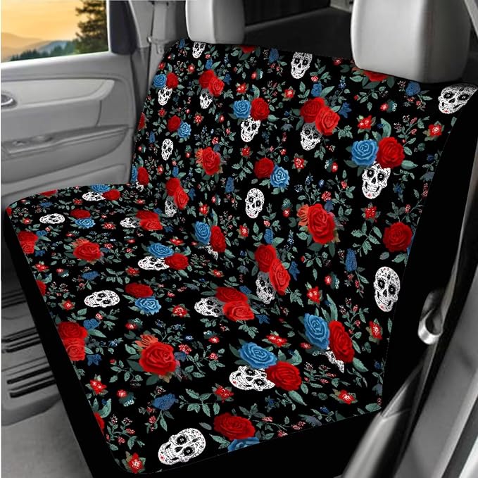 Skull Rose Design Car Seat Cover Full Set with Car Steering Wheel Cover, Auto Armrest Pad Protector, Auto Seat Belt Pads, Automotive Interior Accessories Set of 8, Helloween Decorations
