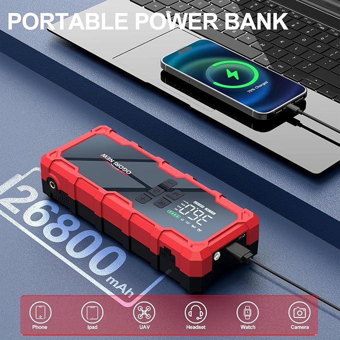8000A Jump Starter with Air Compressor, 26800mAh 150PSI Portable Car Battery Jump Starter (All Gas/16L Diesel), 12V Supersafe Jump Box Car Battery Booster with Jumper Cables, Lights, Cigarette Lighter