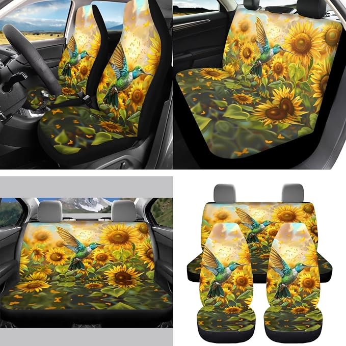 Sunflower Hummingbird 15 PCS Car Seat Cover Set with Auto Steering Wheel Cover Seat Belt Strap Protector Cup Holder Trash Bag Rear View Mirror Protector Keychain