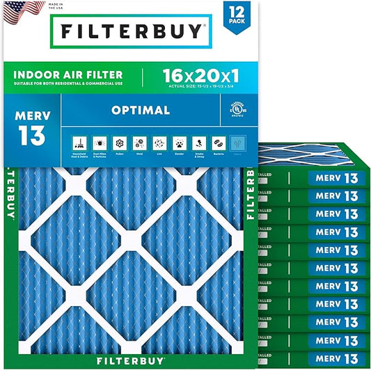 Filterbuy 16x20x1 Air Filter MERV 13 Optimal Smoke & Allergy Defense (12-Pack), Electrostatic Pleated HVAC AC Furnace Filters Replacement (Actual Size: 15.50 x 19.50 x 0.75)