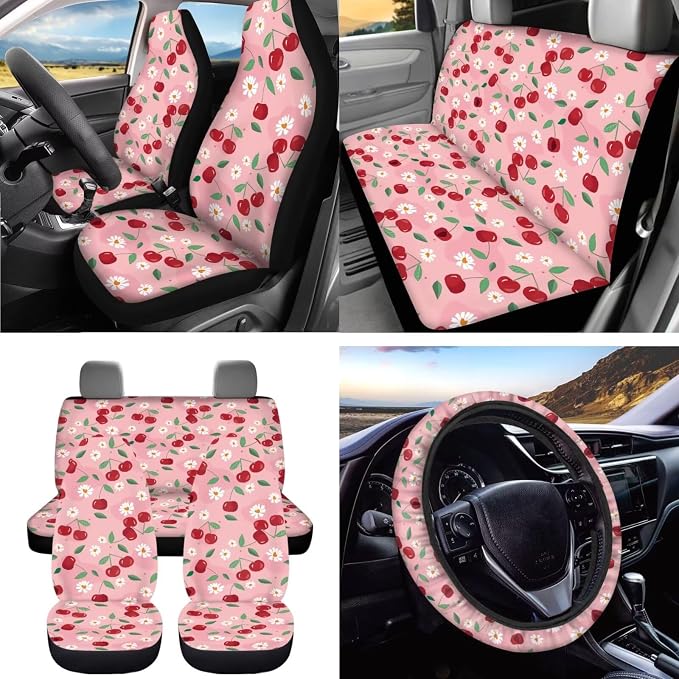 Dreaweet Pink Car Seat Covers Full Set for Women Cute Cherry Car Accessories with Steering Wheel Cover Seatbelt Covers Car Coasters Trash Bag Air Vent Storage Bag Rearview Mirror Cover Keychain,15 Pcs