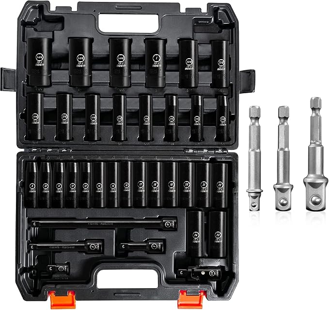BOEN 38 Piece Set, Including 1/2" Drive Deep Impact Socket with Durable Case, 1/4", 3/8", 1/2" Size Impact Grade Socket Adapter Set with Bit Holder, 6 Point Design