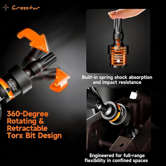 Crosstar 3-Piece T50 Impact Torx Bit Swivel Socket Set, 3/8" Drive CR-MO Wobble Star Sockets with Spring Shock Absorption, Professional Mechanic Tools for Tight Spaces & High-Torque Applications