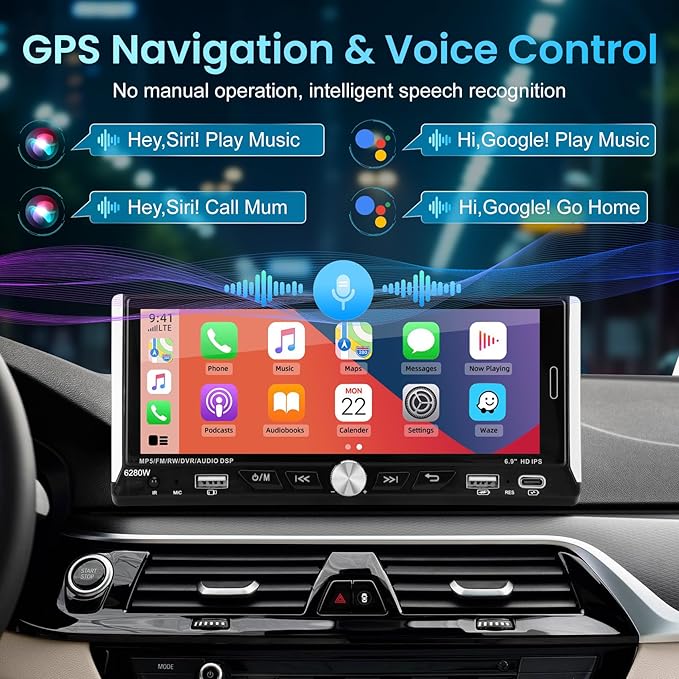 Single Din Car Stereo with Wireless Apple Carplay Android Auto, 6.9" IPS Touchscreen Car Stereo with Bluetooth 5.2 Handsfree Mirror Link Backup Camera GPS Navigation Dual USB Fast Charge FM AM EQ SWC