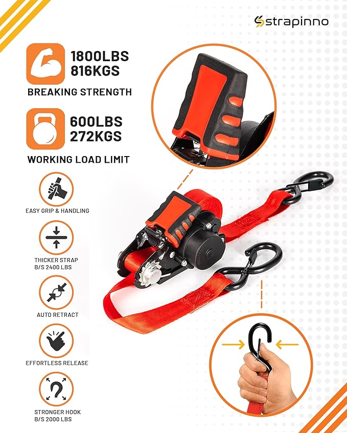 Strapinno Retractable Ratchet Straps - 1 in x 12 ft Heavy Duty Tie Downs, 1800lbs Breaking Strength Each, S Hooks with Safety Clip, AutoRetract, for Moving, Motorcycle, Boat, Kayak, and Cargo (2)