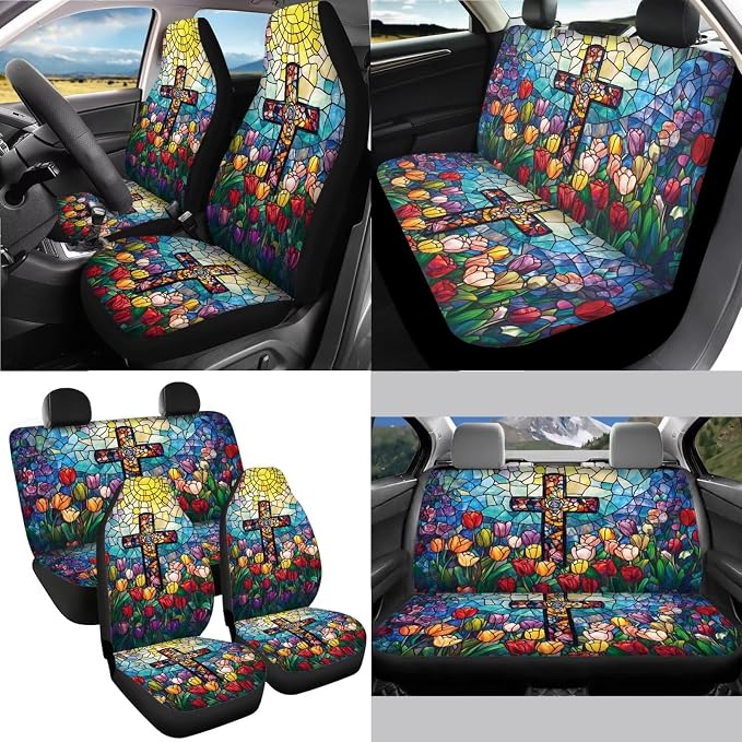 Stained Glass Cross Tulip Pattern Car Accessories Pack of 13, Auto Front and Rear Seat Cover Full Set, 1 Steering Wheel Cover, 4 Seat Belt Cover, 4 Cup Holder Coasters Universal Fit