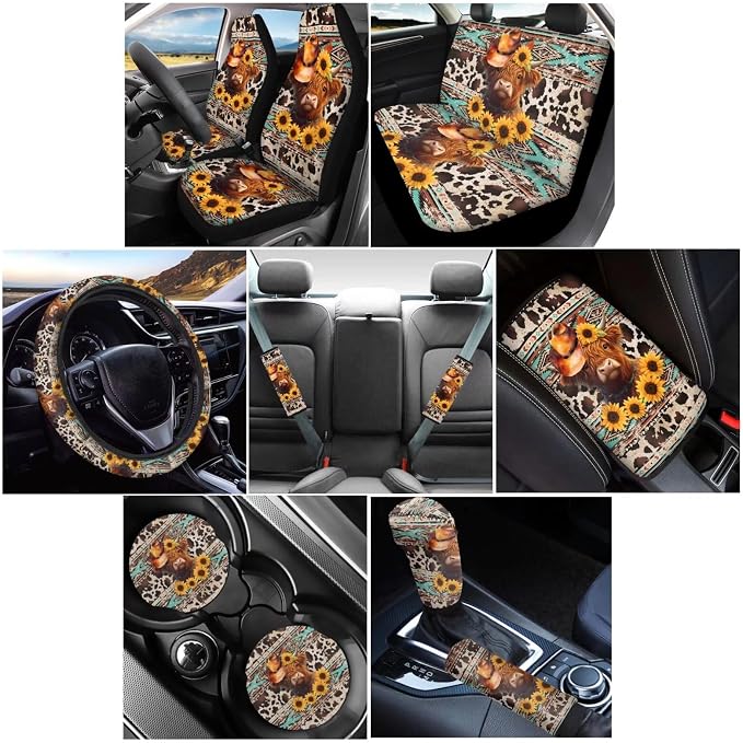 Wanyint Aztec Highland Cow Cowboy Sunflower Car Seat Covers Full Set Pack of 12, with Steering Wheel Cover Seat Belt Pad Armrest Pad Handbrake Cover Gear Shift Cover Handbrake Cover Cup Coaster