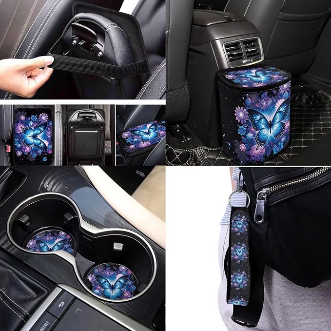 17 Pieces Blue Butterfly Car Seat Covers Sets Full Set with Front and Split Rear Bench Steering Wheel Cover,Butterflies Car Accessories for Women,Auto Seat Belt Cover,Car Headrest Cover