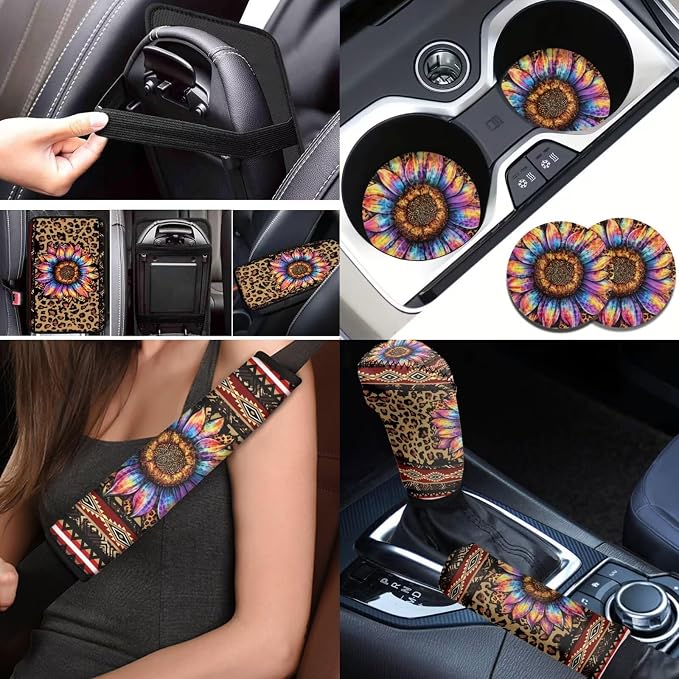 BIGCARJOB Leopard Print Car Accessories Full Set 12 Pcs Sunflower Leopard Print Car Seat Covers Set for Front Back,Leopard Print Steering Wheel Covers,Armrest Pads,Coaster