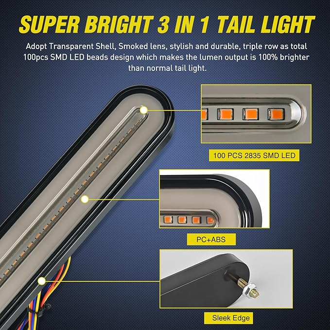 Nilight Trailer Tail Light Bar with 3-in-1 Running Stop Turn Signals Brake Lights 2 Pack 9 Inch 100 LED Red & Amber Sequential Strip for Trailers RV Truck Boat Pickup SUV