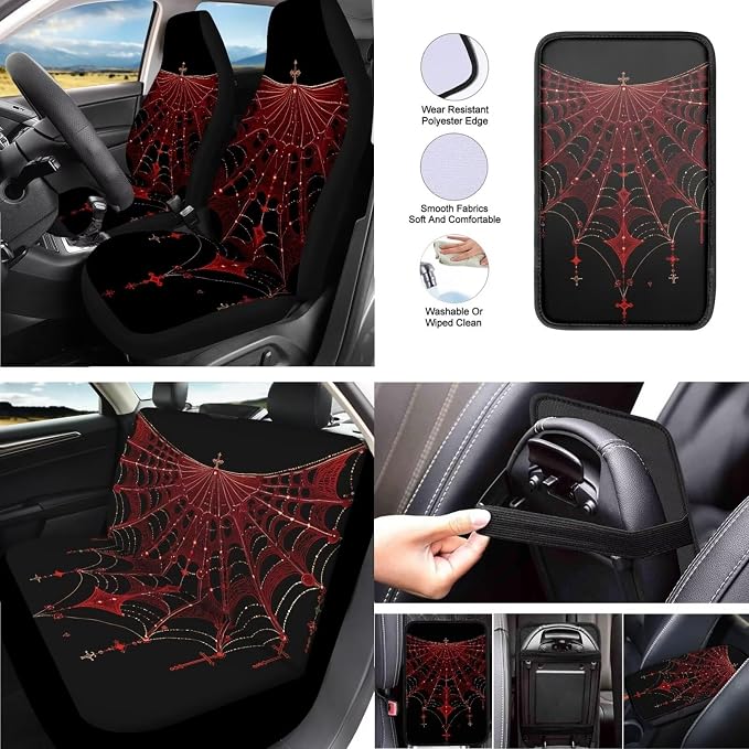 13 Pcs Gothic Spider Web Pattern Car Accessories Set Halloween Spider Web Painting Front and Rear Seat Protection Universal for SUV Truck Vans Sedans