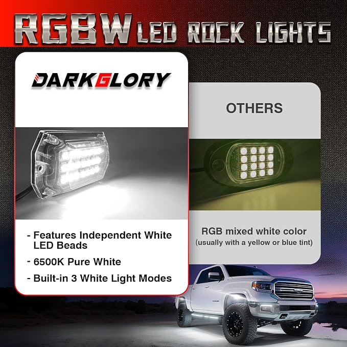 4 Pods Full Angle 230° Ultra Wide RGBW LED Rock Lights, 6500K Pure White & RGB Rock Light, IP68 Waterproof Underglow Lights Kit for Trucks ATV Golf Cart UTV RZR with Brake Music Sync APP/RF Remote