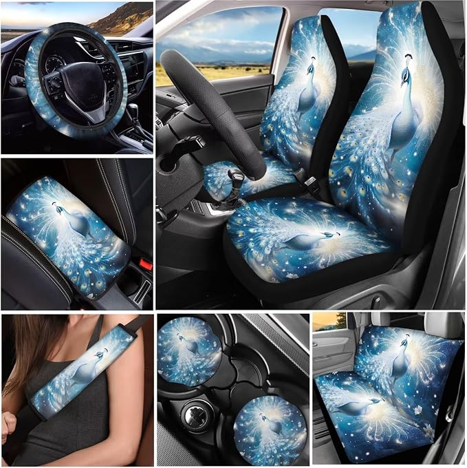 Peacock 13Pcs Car Seat Covers Full Set Car Seat Belt Cover Steering Wheel Cover Armrest Cushion Cup Coasters and Keychain Holder Suitable for Most Cars,SUV
