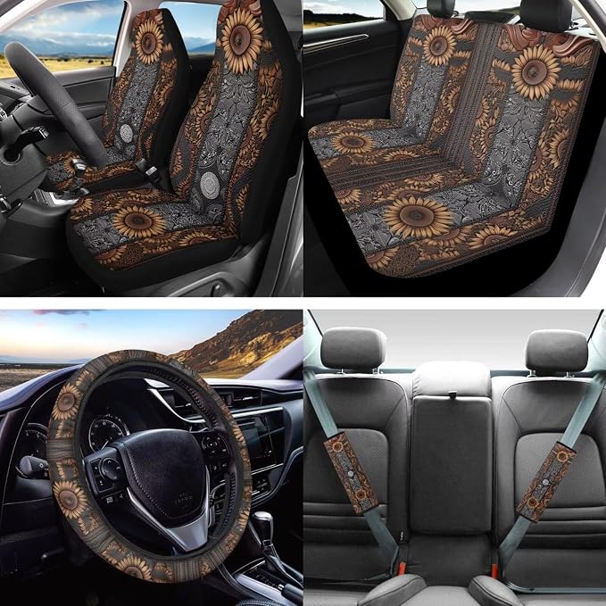 Lotusorchid Sunflower Print Car Seat Cover Set of 16, Anti-Dust Car Front Back Seat Covers and Gear Shift Knob Cover, Universal Fit Carseat Covers Combo Set for Man Women