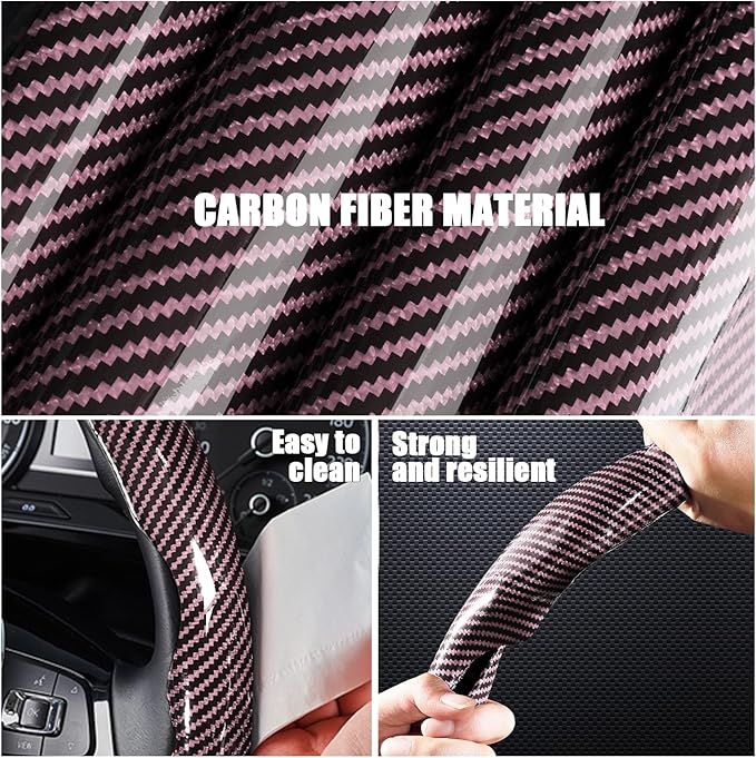 Carbon Fiber Steering Wheel Covers 3 Piece Clip on Steering Wheel Cover (Pink)