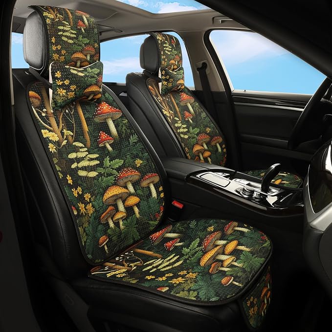 Car Seat Covers Set, 5 - Seat Full Set with Headrest, Mushroom Design Honeycomb Knit Fabric, Breathable & All - Season Universal Automotive Seat Protectors