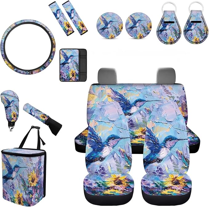 Forchrinse Blue Hummingbird Car Seat Covers for Women 15Pcs Auto Interior Set with Steering Wheel Cover,Armrest Seatbelt Cover,Car Trash Can,Coaster,Keychain for Truck SUV Vehicles